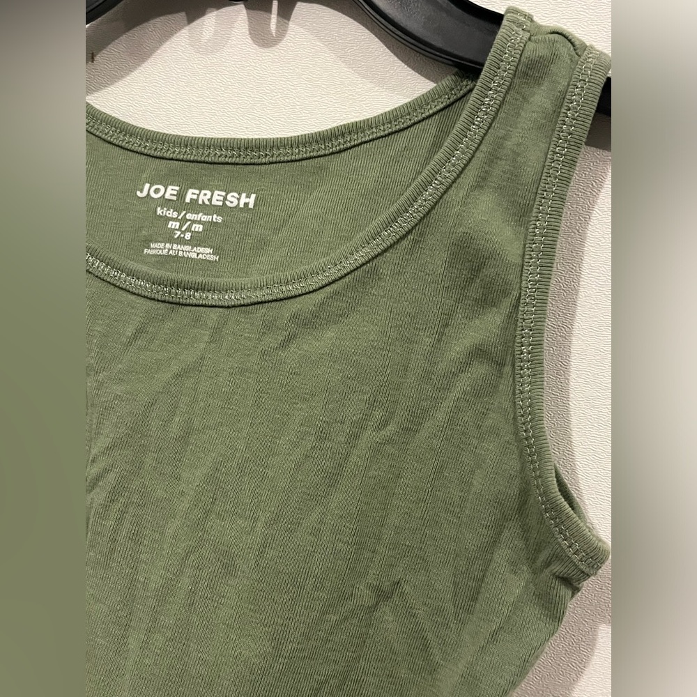 Joe Fresh Girls Olive Green Cotton Tank Top Medium 7-8 Silver Threading Edging - Picture 3 of 4